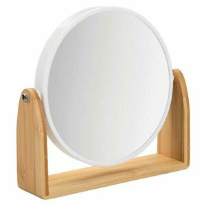 Navaris Espejo de mesa redondo Espejo doble cara con aumento 2x y 1x para tocador baño mesa Dorado Base de bandeja bambú para maquillaje joyas 