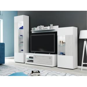 Mueble TV COURTNEY con compartimentos - LEDs - Blanco con p…
