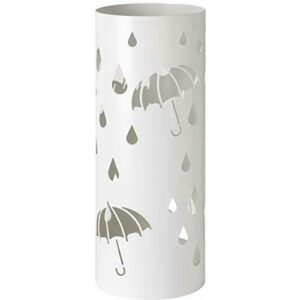 Baroni Home Paragüero cilindrico de metal con incrustación lluvia y paraguas blanco 19x19x49 cm con gancho y bandeja recogegotas extraíble