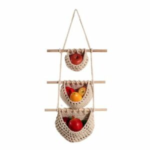 Chytaii Frutero colgante de 3 pisos hecho a mano, macramé, frutas, verduras, cesta colgante para cocina, almacenamiento de frutas, 33 x 67 cm