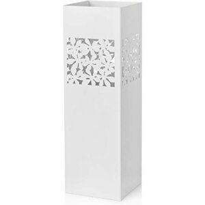 Baroni Home Paragüero cuadrado de metal con incrustación rectangular de flores blancas 15,5x15,5x49 cm con gancho y bandeja recogegotas extraíble