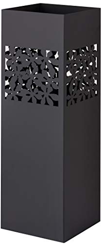 Baroni Home Paragüero cuadrado de metal con incrustación rectangular de flores negras 15,5x15,5x49 cm con gancho y bandeja recogegotas extraíble
