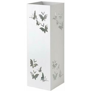 Baroni Home Paragüero cuadrado de metal con incrustación rectangular de mariposas blancas 15,5x15,5x49 cm con gancho y bandeja recogegotas extraíble