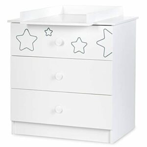TINO - Cajonera infantil con 3 cajones con diseño de estrellas y bandeja cambiador extraíble color blanco