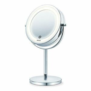 Beurer BS 55 Espejo maquillaje con luz, luz LED brillante (18 LEDs), espejo pivotante, encendido con sensor táctil, 1 cara con vista normal, 1 cara con  vista de aumento (x7), acabados cromados