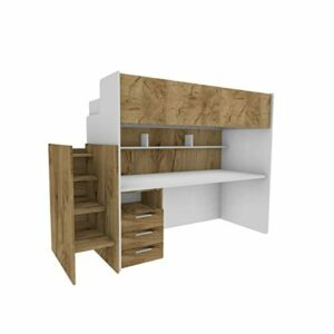 MOBILFINO CAMERETTE WOODYSCRIV - Litera con escritorio y cajón, escalera independiente - Blanco y roble