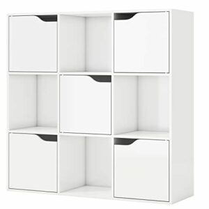 Librería Madera Estanterias Blancas Mueble Organizador Mueble Almacenaje Pared con 5 Puertas 9 Cubos para Salón Estudio Oficina