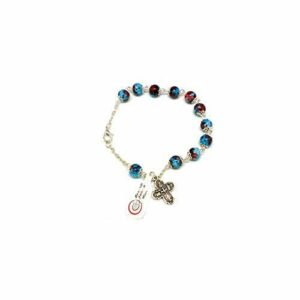 DELL'ARTE Artículos religiosos, pulsera rosario de cristal efecto mármol, 8 mm, color turquesa y rojo con caja para rosario