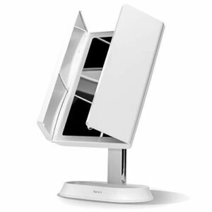 Fancii Espejo Maquillaje Recargable con Luz LED y Aumento 5X y 7X, Espejo de Mesa Tríptica con 3 Modos Iluminación Regulables, Sensor Táctil, 360° Soporte Ajustable (Zora)