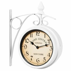 Deuba Reloj de Pared de Doble Cara Ø17cm Blanco Soporte de Hierro Forjado Reloj Estación de Tren Vintage