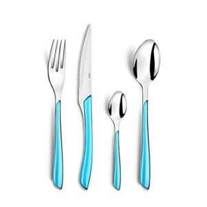 Amefa Eclat - Cubertería (24 piezas, para 6 personas, 6 cucharas, 6 tenedores, 6 cuchillos, 6 cucharillas de café y té), Acero inoxidable y plástico, azul turquesa/plateado, 24-teilig