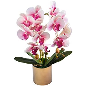 Flores de orquídeas Artificiales en macetas, orquídeas Falsas con jarrón de cerámica Dorada para Centro de Mesa, decoración del hogar, Oficina, decoración de Fiesta de Bodas (Rosa)