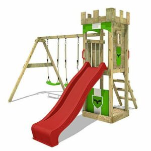 FATMOOSE Parque infantil de madera TreasureTower con columpio y tobogán rojo, Torre de escalada de exterior con arenero y escalera para niños