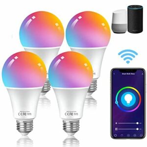 Bombillas Alexa E27 WiFi inteligente LED 10W 1000LM Lámpara, WiFi Bombilla Luces Cálidas/Frías & RGB, Compatible Con Google Home/Alexa, 4 pack