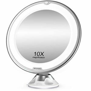 BEAUTURAL Espejo Aumento 10X de Baño, Espejo Maquillaje con luz LED, Giratorio y Ventosa de pared, a Pilas(No incluidas)