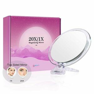 Espejo de Mano de Dos Caras, Aumento de 20X/1X, 12,7 cm, Espejo de Maquillaje Plegable con Mano/Soporte, Uso para aplicación de Maquillaje (Transparente-1)