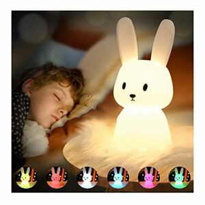 SOLIDEE Bunny - Luz nocturna infantil de silicona con carga USB y 7 cambios luz función temporizador, 1200 mAh para habitación los niños, decoración regalos, juguetes dormir, bebés