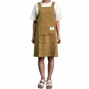 LeerKing Delantal Cruzado Japones de Lino 100% con 2 Bolsillos Mandiles Cocina Trabajo Jardinería Servicio para Hombre y Mujer, Amarillo 75CM