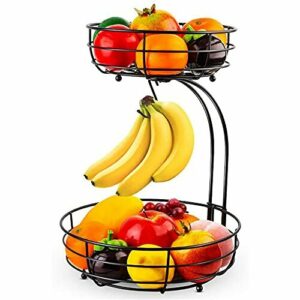 Frutero de 2 pisos con soporte para plátanos, de pie, para cocina diaria, moderno, frutero, cesta de verduras de metal, color negro