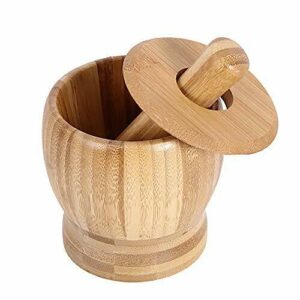 TIEMORE Juego de mortero y maja con tapa, trituradora de prensa de madera de bambú 100% natural para guacamole, pimienta de cocina