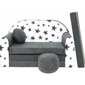 Pro Cosmo Juego de cama para niños 3 en 1, sofá + taburete acolchado y cojín gratis – AC1 gris estrellas 168 x 98 x 59 cm
