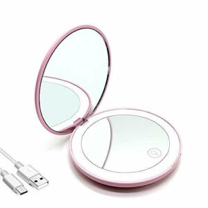 Espejo de Maquillaje de Viaje, Espejo de Bolsillo Compacto Iluminado USB LED para Maquillaje, luz Diurna, Compacto, portátil, 1X/10X de Mano Portátil Doble Cara Iluminación Natural Plegable