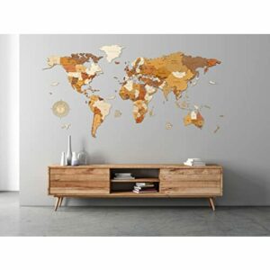 Mapa del mundo de madera para decoración de pared – multicapa de madera teñida multicolor, nombres grabados – Efecto único 3D – para sala de estar, oficina y dormitorio (XL 200x100 cm - Traveler)