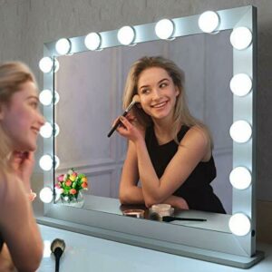 ANYHI Espejo Maquillaje con Luz,Espejo Hollywood de Mesa o Pared,Espejo Tocador de Maquillaje con 15 Luces LED,con Espejo de Aumento 10x(70x55CM,Plata)