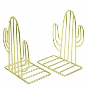 KETIEE Sujetalibros de Metal Antideslizante con Forma de Cactus, 1 Par de Extremos de Libro Resistentes para Estantes, Dorado