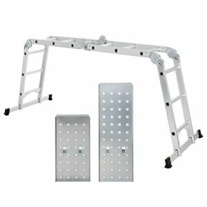 SONGMICS Escalera de Aluminio Multifuncional de 3,5 m, con 2 Placas Metálicas, Escalera Plegable, Carga de 150 kg, Plata GLT36M