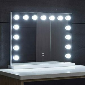 Aquamarin® Hollywood Espejo – 3 colores de luz regulable con iluminación, táctil, 15 luces LED, 58 x 43 cm – Espejo de pared para maquillaje, espejo de teatro, espejo de maquillaje, espejo de tocador