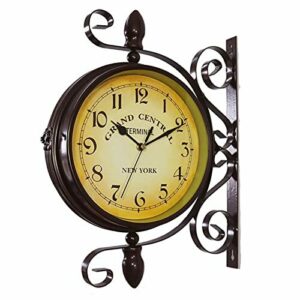 Reloj de pared giratorio de doble cara retro de hierro forjado impermeable nostalgia, para la estación, salón, porche, pasillo, jardín