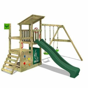 FATMOOSE Parque infantil de madera FruityForest con columpio y tobogán verde, Torre de escalada de exterior con arenero y escalera para niños