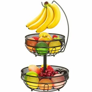 Frutero de 2 pisos con colgador de plátanos, estante de verduras extraíble, cuenco de alambre para frutas, verduras, verduras, verduras, verduras, verduras, huevos, color negro