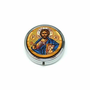 DELL'ARTE Artículos Religiosos portarosario teca, pastillero 6,2 cm con icono Pantocrador Divin Maestro sobre madera de olivo SRL