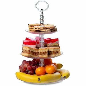 KADAX Soporte de plástico de 3 pisos para servir, frutero, frutas, magdalenas, galletas, queso, cumpleaños, fiesta, frutero, plano transparente