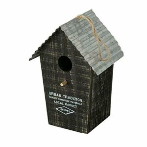 CasaJame Pajarera de madera para balcón y jardín, nido, casa para pájaros, casa para pájaros, aspecto natural, negro con techo de zinc e impresión Urban Tradition, 15 x 12 x 22 cm