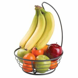 mDesign Frutera de metal con gancho para colgar racimos de plátanos – Cesta de frutas con soporte para plátanos para encimera – Prácticos fruteros de cocina para frutas y verduras – negro mate