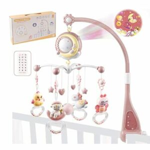 Bebé móvil para cuna, Aolkee Móvil de cuna musical para bebé giratorio de 360 ° con luces, sonajeros giratorios colgantes, móvil musical para bebé recién nacido, rosa