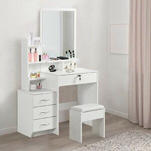 Dripex Juego de tocador blanco con espejo y taburete, 4 cajones con estantes para niñas, mujeres, dormitorio, escritorio de maquillaje