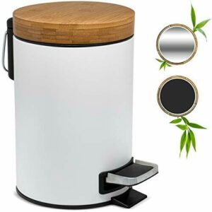 KAZAI.® 3 Litros Cubo de Basura para el Baño de Diseñador - Bambú Superior | Cierre Suave | Anti-Huellas | Blanco
