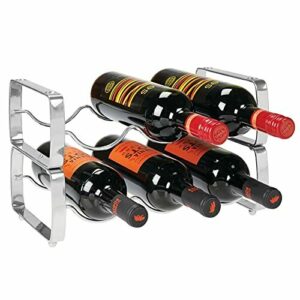 mDesign Juego de 2 botelleros apilables – Estante para vino de metal con capacidad para 3 botellas – Mueble vinoteca manejable para botellas de vino u otras bebidas – plateado