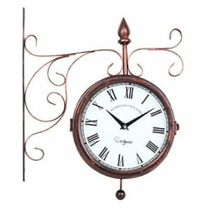 Samger Reloj de Pared de Vintage Doble Cara con Soporte Estilo Europeo Antiguo Jardín Tren Estación Reloj de Pared para Uso Interior y Exterior Bronce