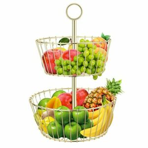 Nuovoware 2 Pisos Recipientes para Fruta, Cesta Desmontable Niveles de Metal para Mostrador y Organizador Cocina, Soporte de Estilo Vintage para Verduras y Frutas Frescas - Oro