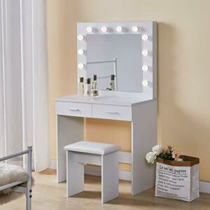 TUKAILAI - Tocador con Espejo y Bombillas, luces LED ajustables, espejo, 2 cajones grandes y taburete, mesa de maquillaje para dormitorio blanco
