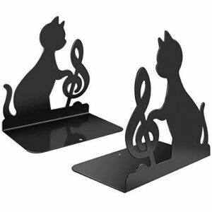 Powcan Sujetalibros de metal negro resistente de 1 par Diseño de nota musical de moda gato Separadores de libros para la biblioteca del dormitorio Material escolar Artículos de papelería