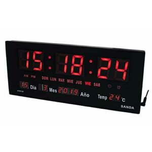 Sanda SD-0015 Reloj Digital de Pared y Mesa Led Color Rojo Calendario Termometro Alarma Despertador Clock Hora Fuente de Alimentacion