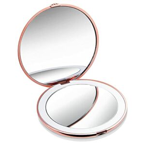 REDSTORM Espejo Maquillaje con Luz LED, Espejo Cosmético Pequeño con Aumento 10X, Espejo de Mesa Iluminado, a Doble Cara para Llevar (Oro Rosa)