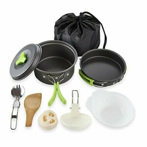 Qtiwe 10 piezas Cookware Kit Picnic Ollas Cocina camping Juego de vajilla para 1 - 2 personas para camping Outdoor Senderismo Picnic BBQ, FDA Certificación