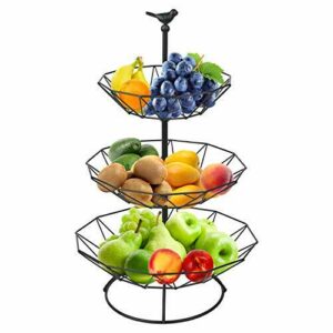 Frutero de 3 pisos, cesta de fruta con 2 bandejas de metal desmontables, bandeja para caramelos, cesta de fruta para decoración del hogar, cocina almacén (negro)